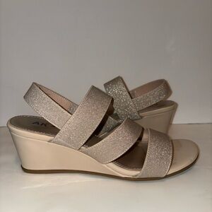 Anne Klein Beige Glitter Elastic Strap Wedge Sandals